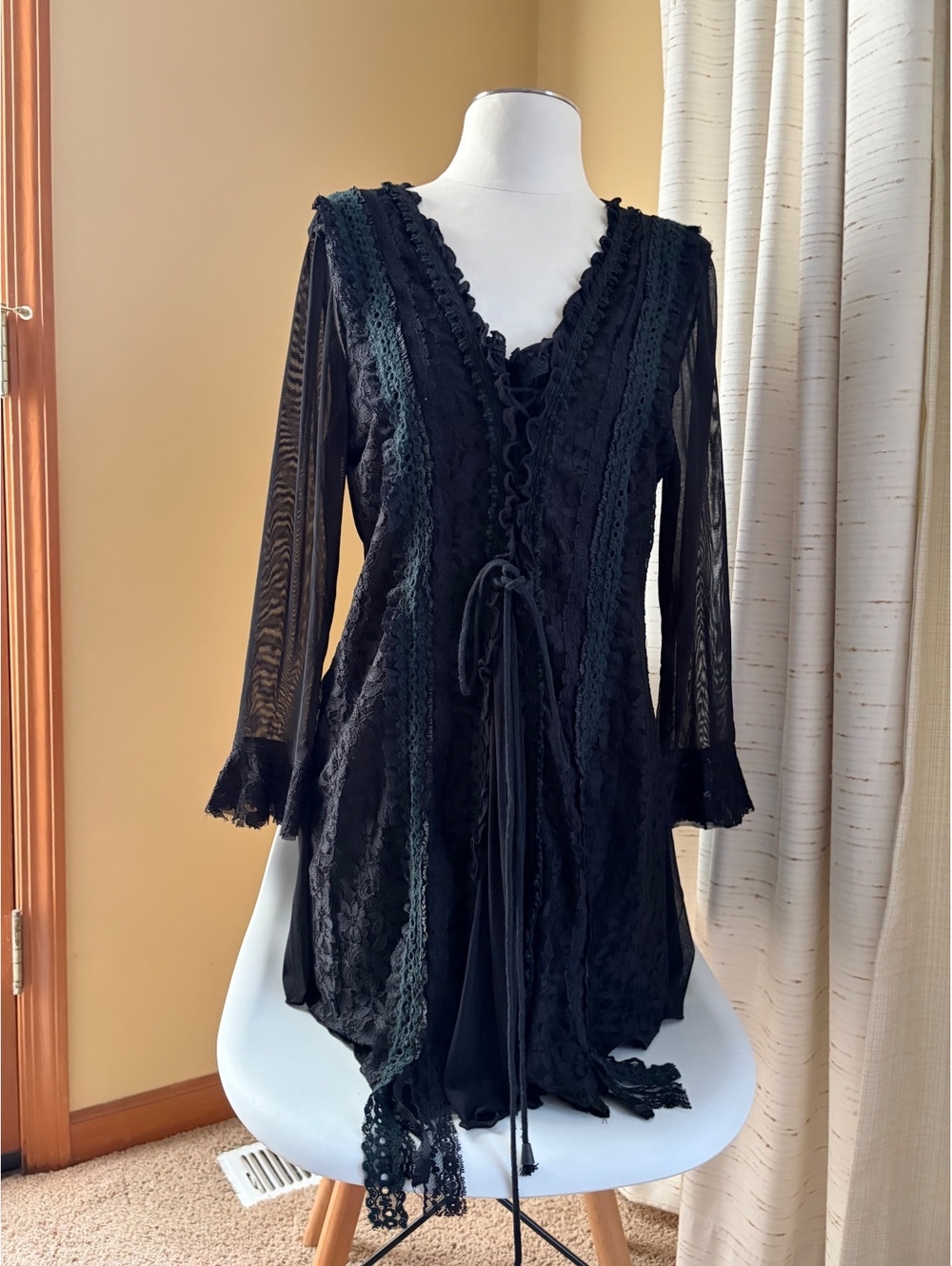 Women's Pretty Angel bohemian lace-trim tunic sheer sleeves front corset tie 1X